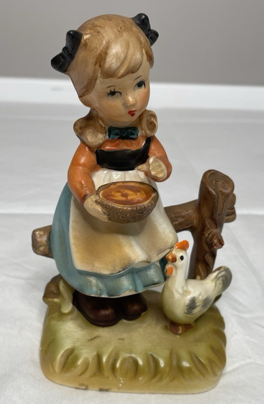 Vintage Made in Japan Girl Feeding Chicken Ceramic Figurine Farmhouse